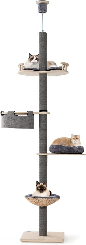 Tiragraffi Per Gatti A Soffitto Regolabile - 5 Livelli Con Amaca, Letto Cesto E Cuscini, Altezza 236-271cm - Foto 5