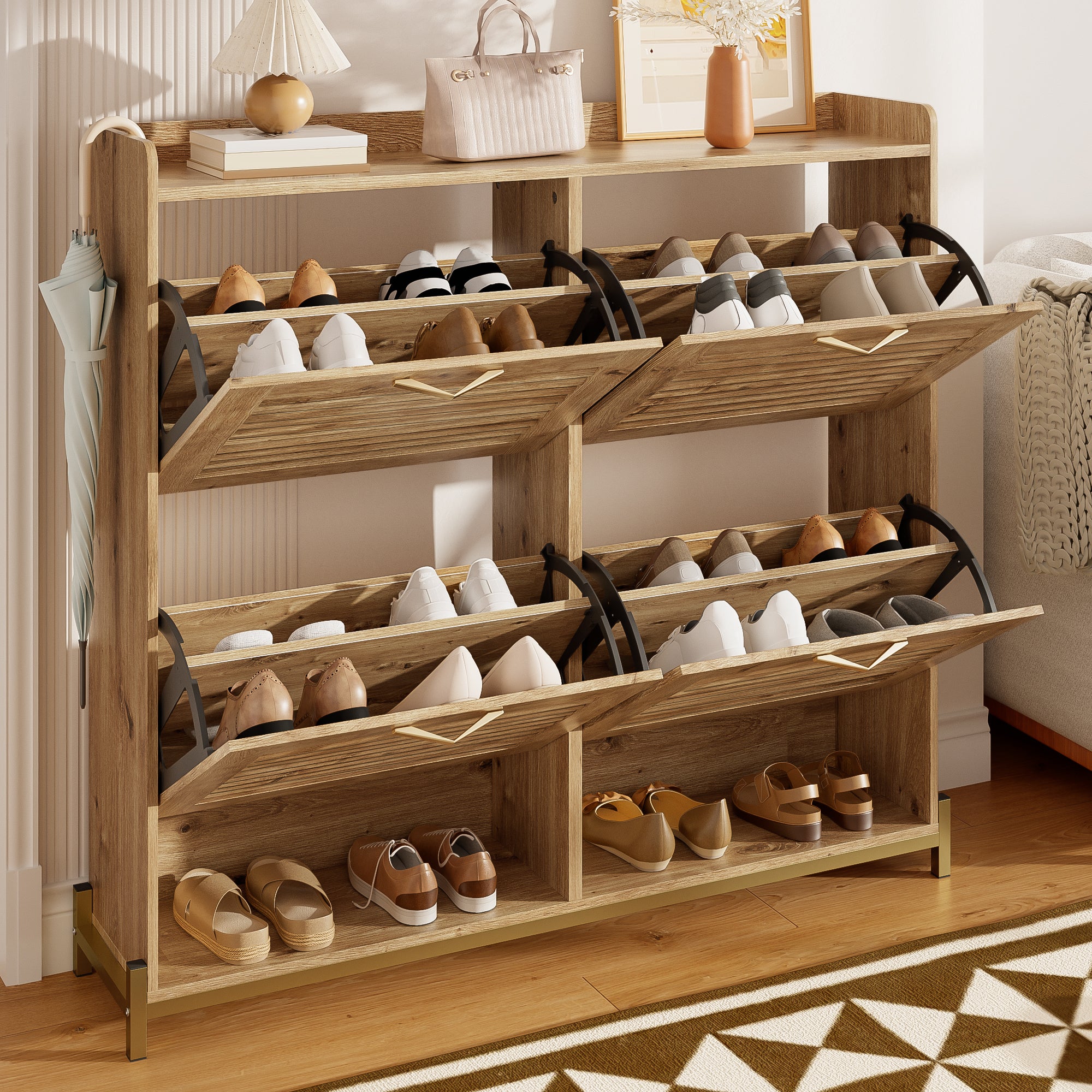 Meuble à chaussures 108.5x24x100 cm - avec 4 portes - Structure en métal - Étagère supérieure - MDF - Naturel - 4