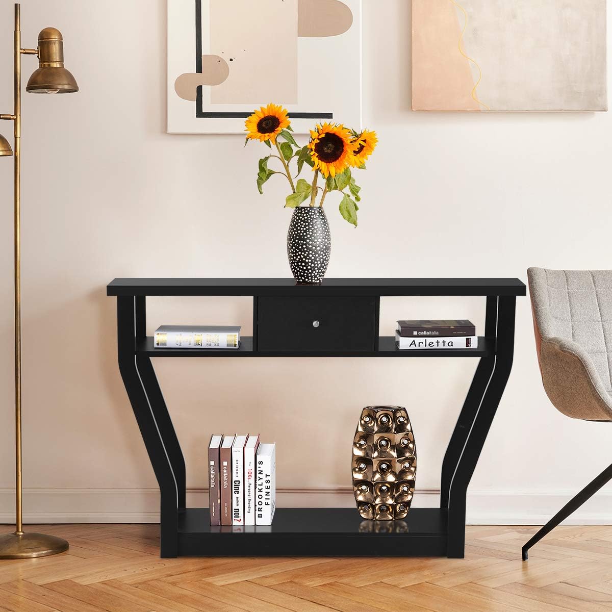 Tavolo consolle da ingresso in legno con base rotonda nero tavolo da ingresso per corridoio/soggiorno 120 cm stretto divano tavolo lungo