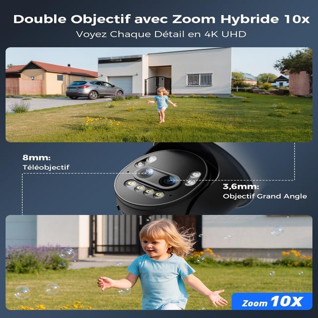 Telecamera 4K Ctronics Con Zoom Ibrido 10X – Doppio Obiettivo, Tracciamento AI, WiFi Dual 2.4/5GHz, Visione Notturna Colori