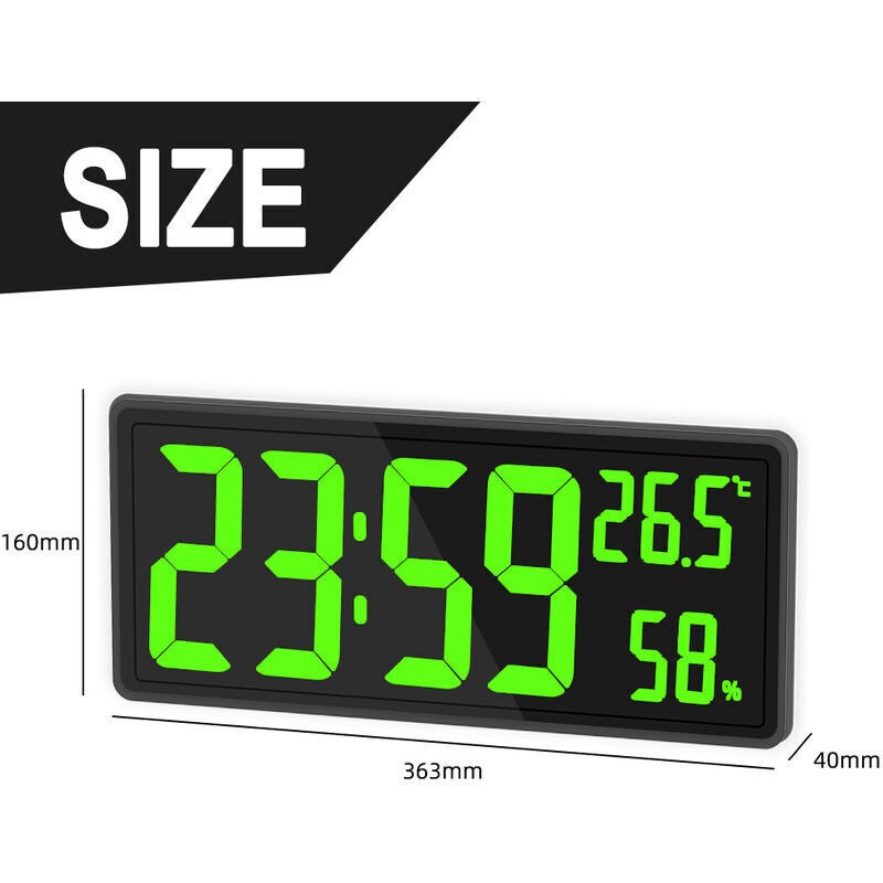 Horloge numérique grand écran, grande horloge murale numérique avec température et humidité, horloge murale numérique avec chiffres LED âgées vert - 5