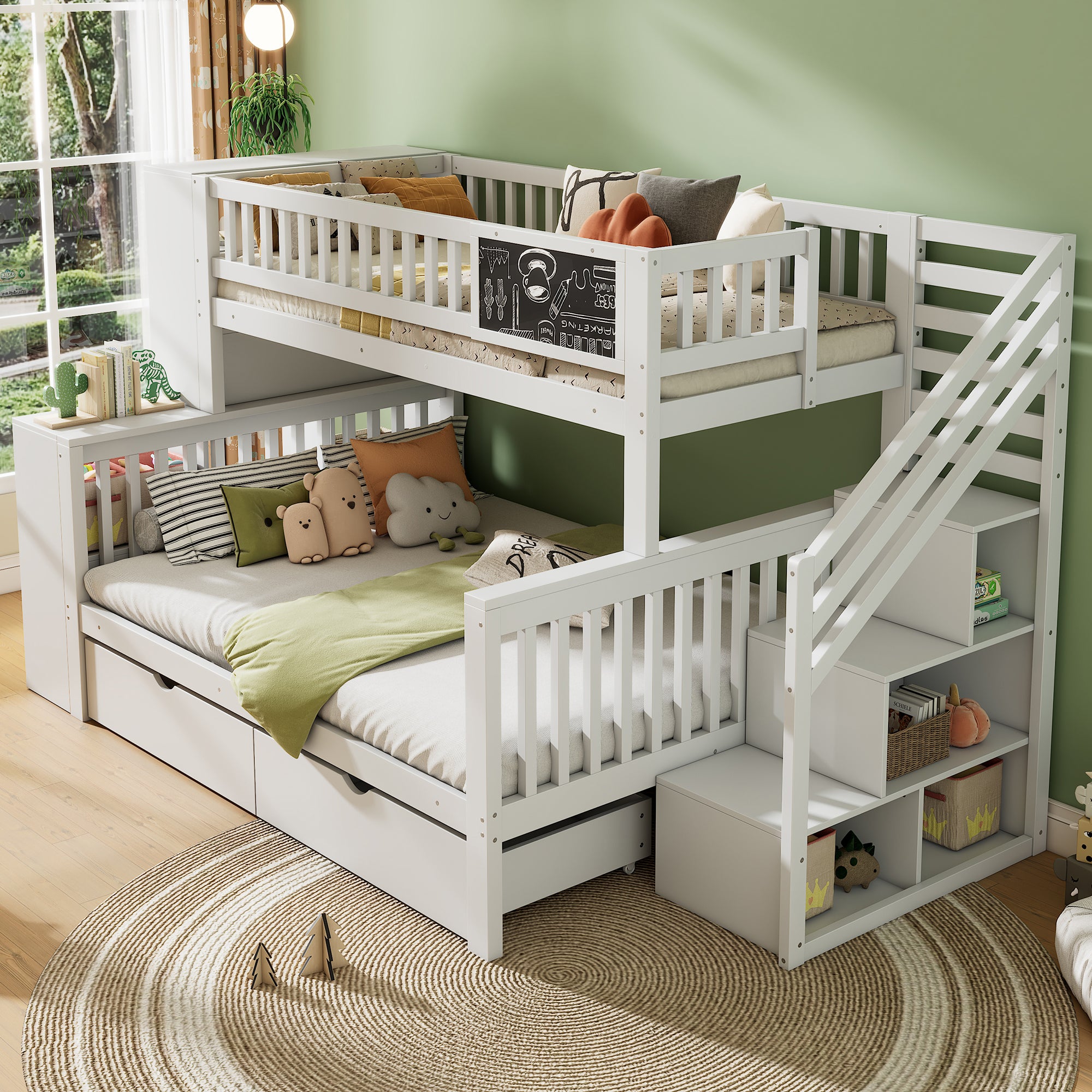 Merax  Literas 140 X 200 Cm + 90 X 200 Cm, 2 Cajones, Armarios Y Panel Graffiti, Madera Maciza, (Sin Colchón) Blanco , Leroy Merlin