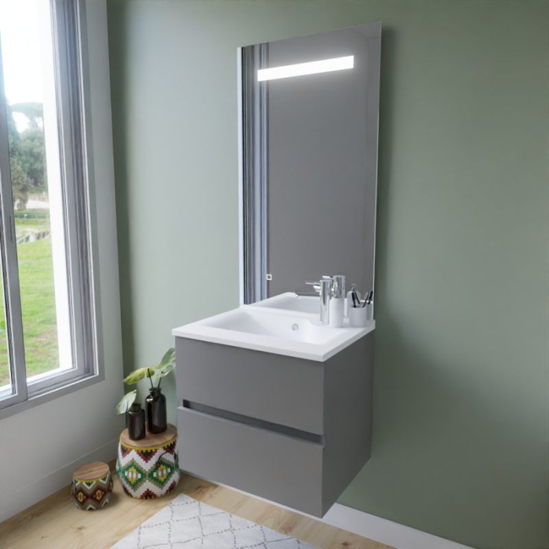 Meuble vasque ROSALY INOX 60 cm + miroir Elégance ht105- Gris- Plan vasque en Résine - 5