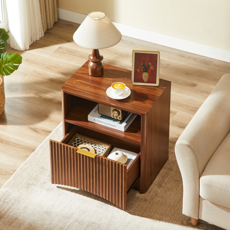 Table de chevet, un tiroir, 58 (L)×38 (P)×60 (H) cm, noyer - 2