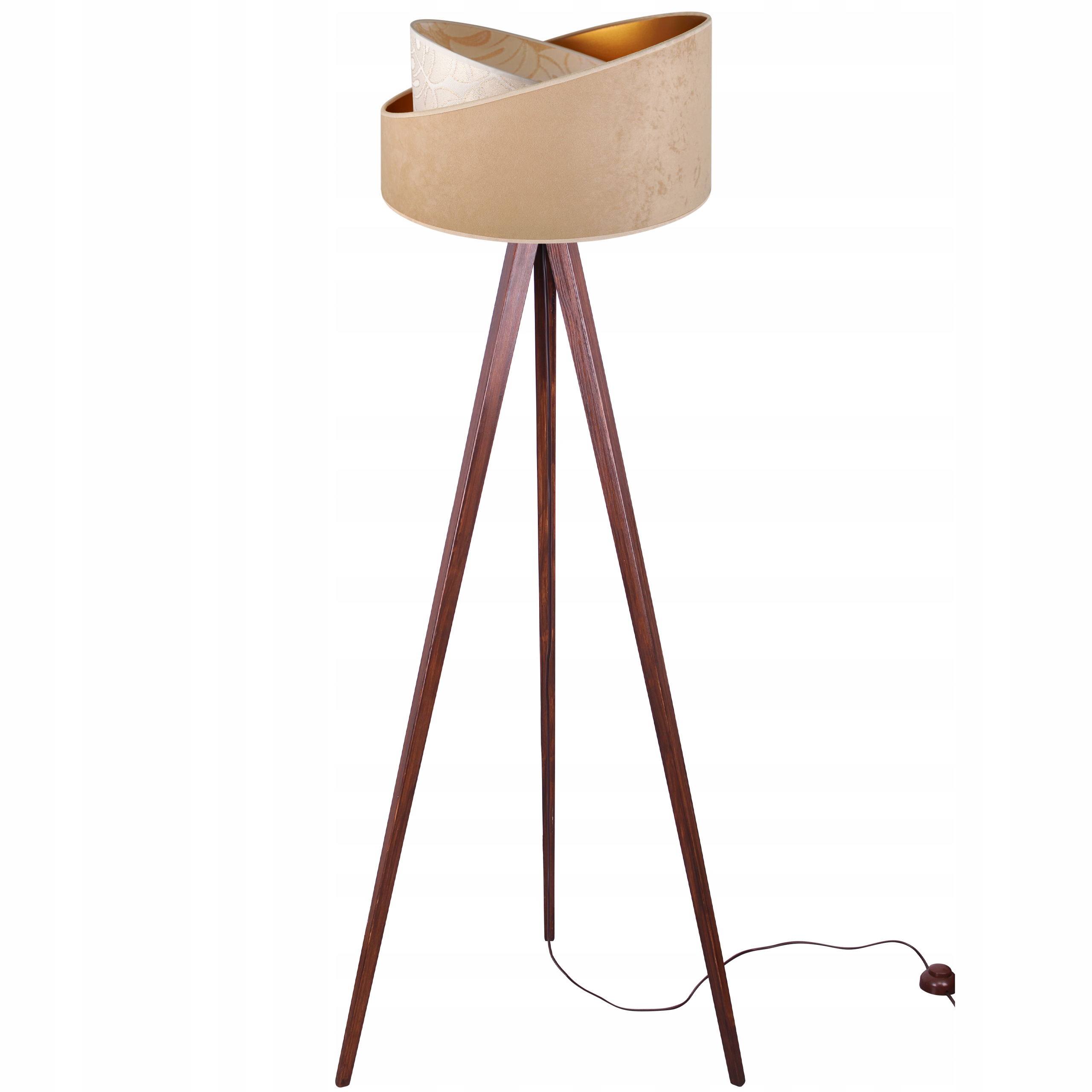 Lampa podłogowa stojąca Werona trójnóg drewno brąz 1xE27 abażur tkanina okrągła beżowa Light Home LH