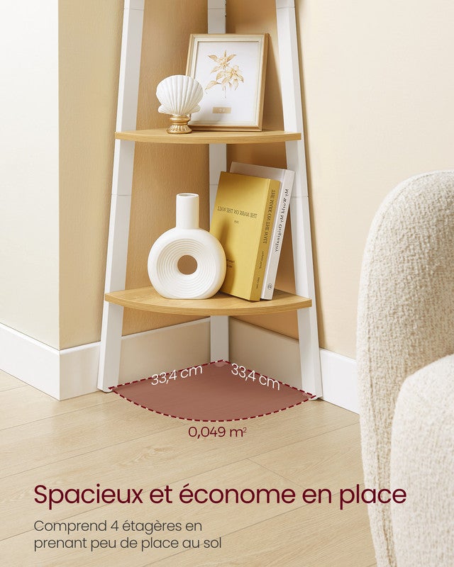 Étagère d'Angle, Bibliothèque 4 Niveaux, Étagère Échelle, Porte-plante, Style Industriel, avec Cadre en Acier, Couleur Chêne Naturel et Blanc Mat - 3