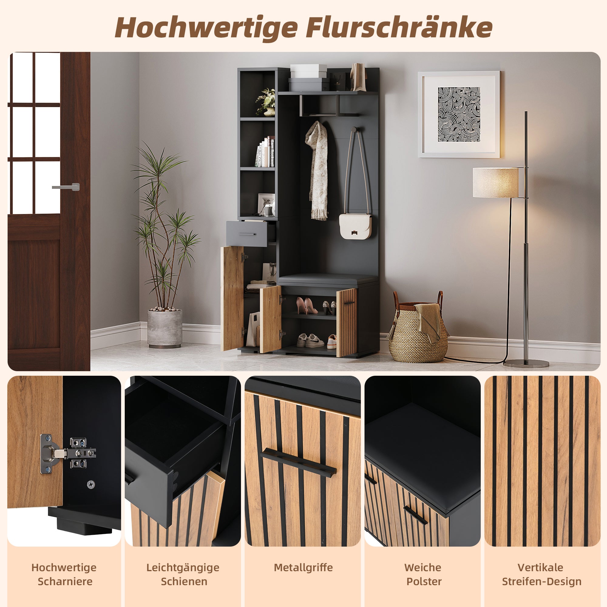 Ensemble meuble à chaussures avec 3 portes, banc à chaussures et porte-manteau - 80 x 35 x 175 cm - Panneau de particules - Noir + naturel - 7