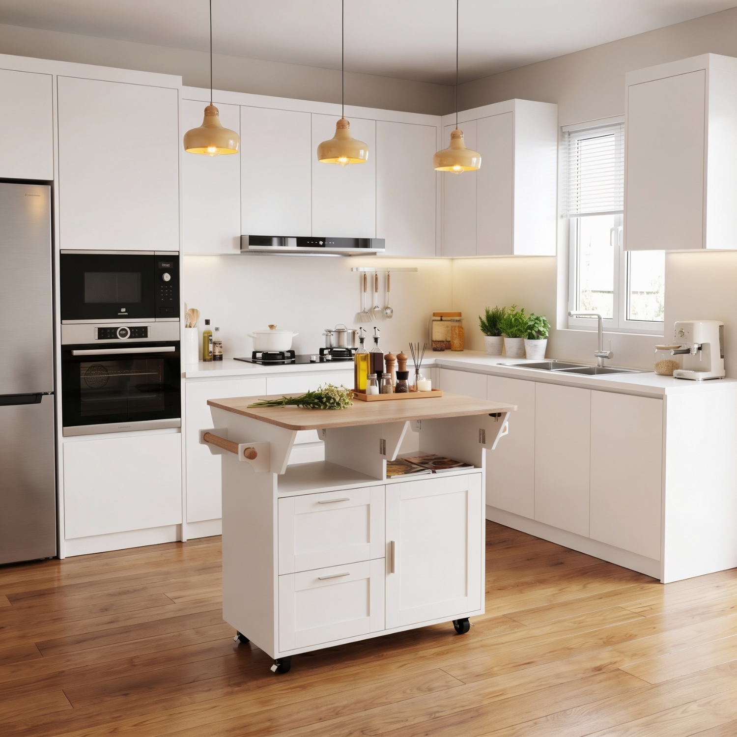 Îlot Central de Cuisine avec Plan de Travail Rabattable, 2 Tiroirs et Porte, Desserte de Cuisine à Roulette, 80x80x80.5, Blanc - 6