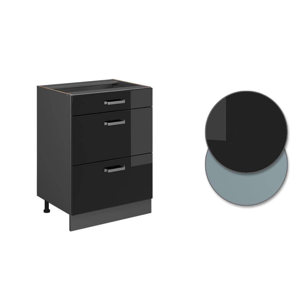 Vicco Meuble cuisine R-Line, Noir Haute brillance, 60cm avec tiroirs, sans PT - 5