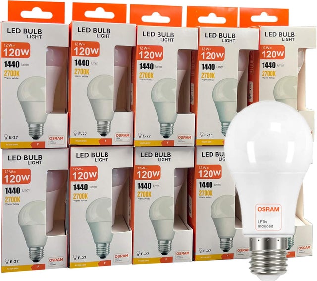 Pack 10 Bombillas Led E27 12W 1440Lm Chip Osram, A60, 220V, ángulo apertura 180º, Luz Cálida 2700K