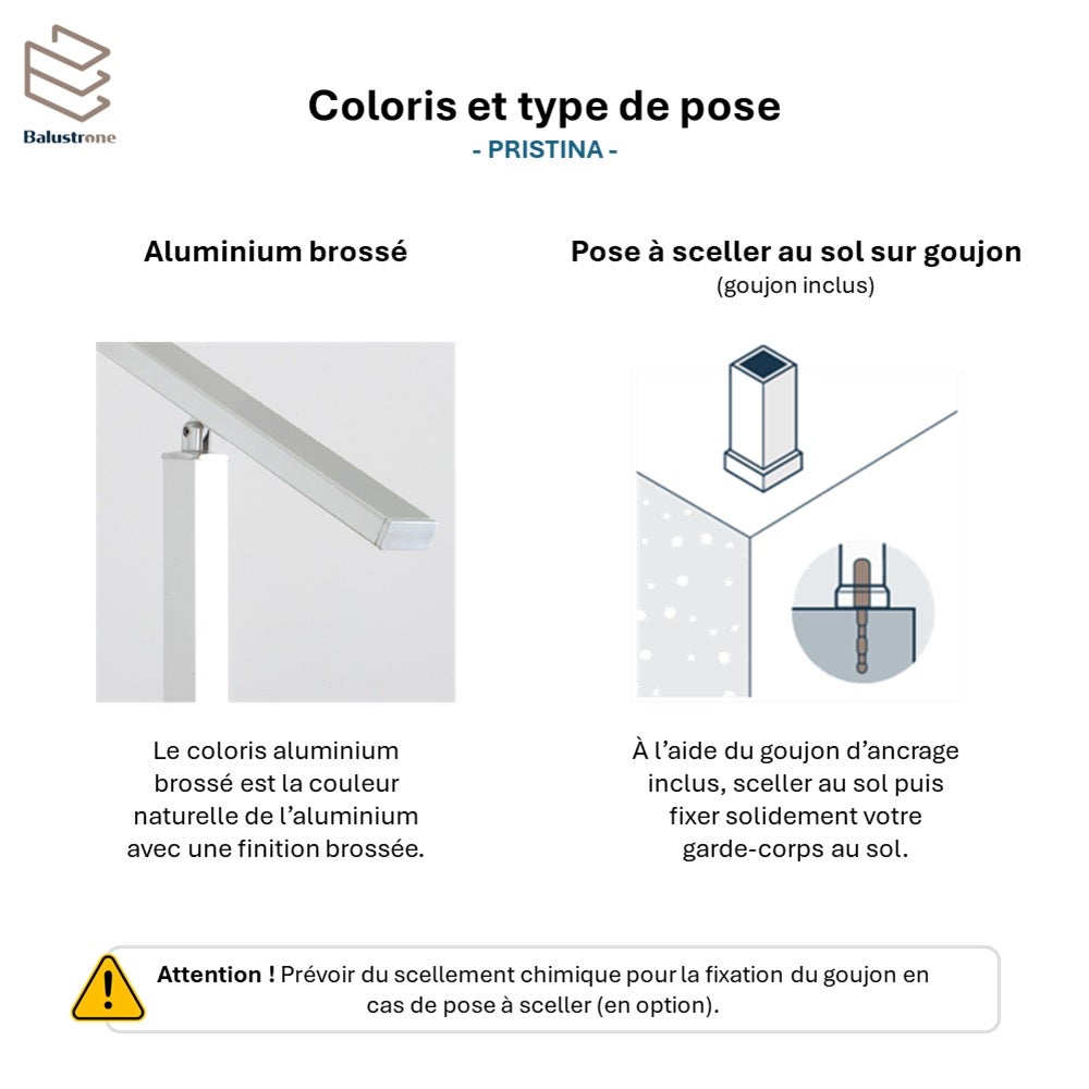 Garde-corps aluminium gris foncé, 1m pose à sceller au sol, intérieur et extérieur, PRISTINA 7 lisses, en kit - 4