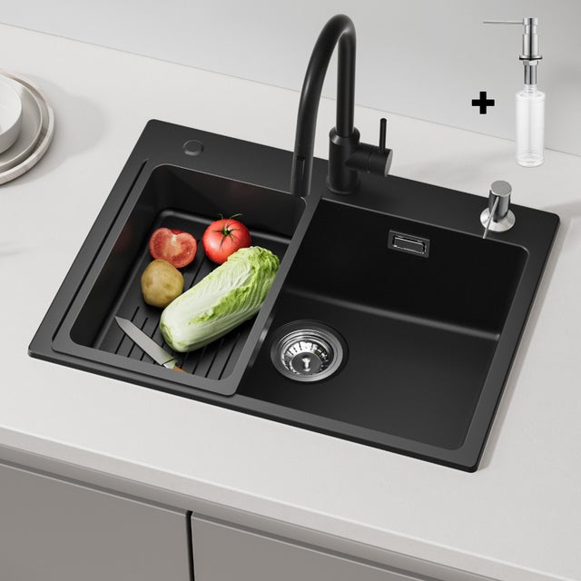 Cecipa max Evier de Cuisine 60x45cm en Granit, Evier a Encastrer avec Panier de Vidange et Distributeur de Savon, Evier 1 Bac Noir
