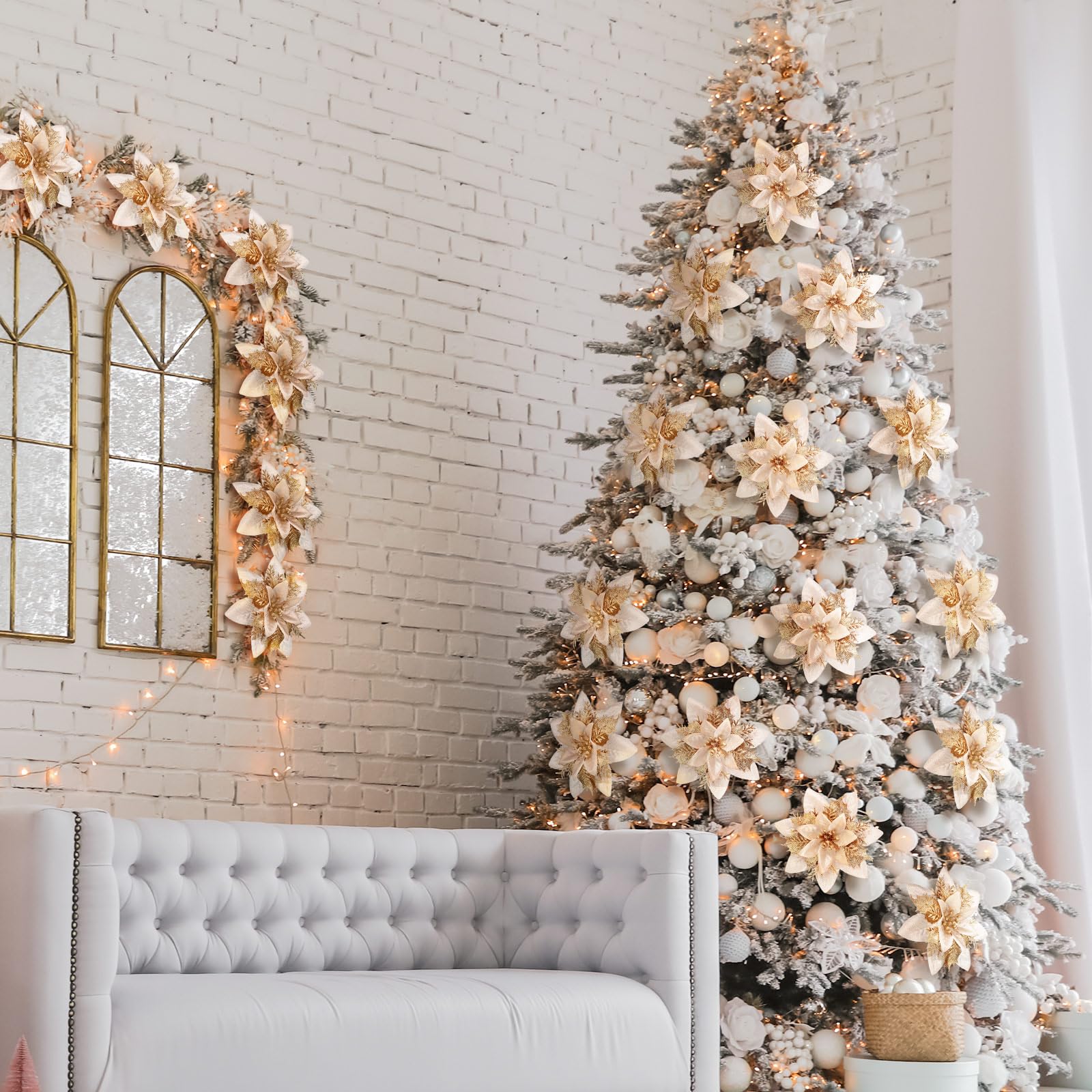 Lot de 50 décorations de Noël, fleurs artificielles scintillantes avec clips, décorations pour sapin de Noël, pendentifs de fleurs artificielles - 2