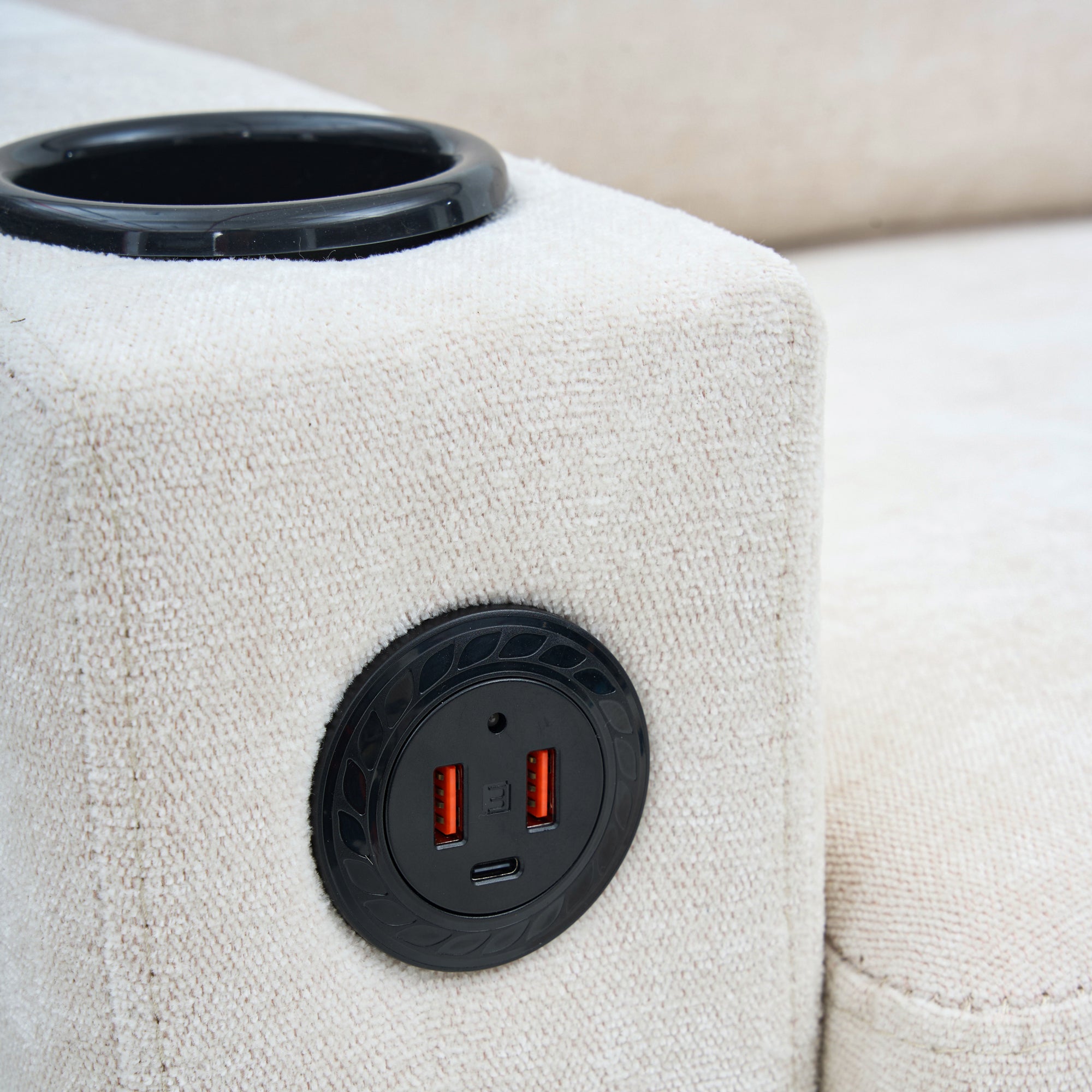 Sofa tapicerowana 3-osobowa - z portami USB i Type-C - z dwoma uchwytami na kubki - Sofa w kształcie litery L z funkcją spania - Beżowa - 6