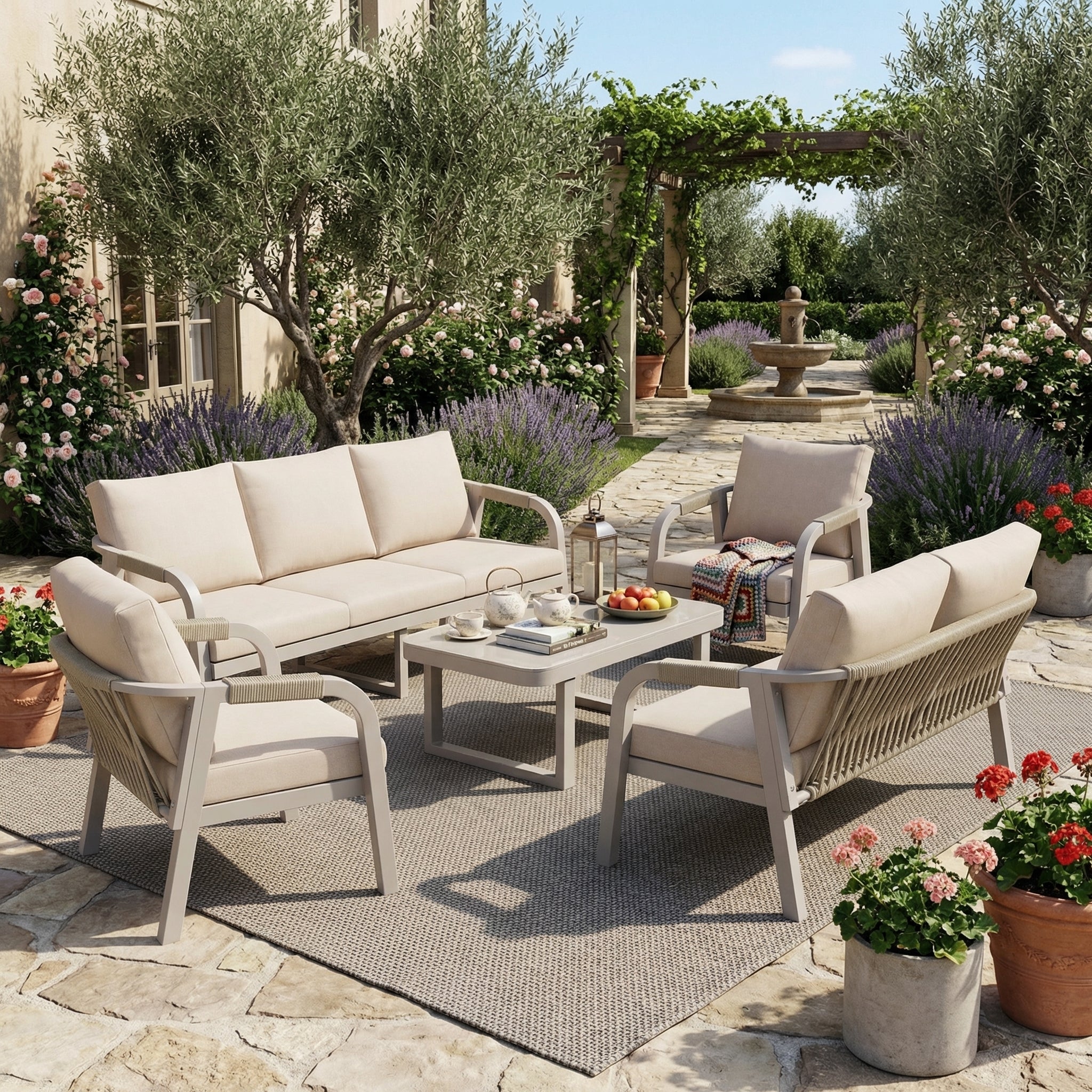 Salon de jardin 7 places avec en fer galvanisé - Canapé 3 places + canapé 2 places + 2 fauteuils + table basse en verre - 172 x 69,5 x 76 cm - Beige - 3