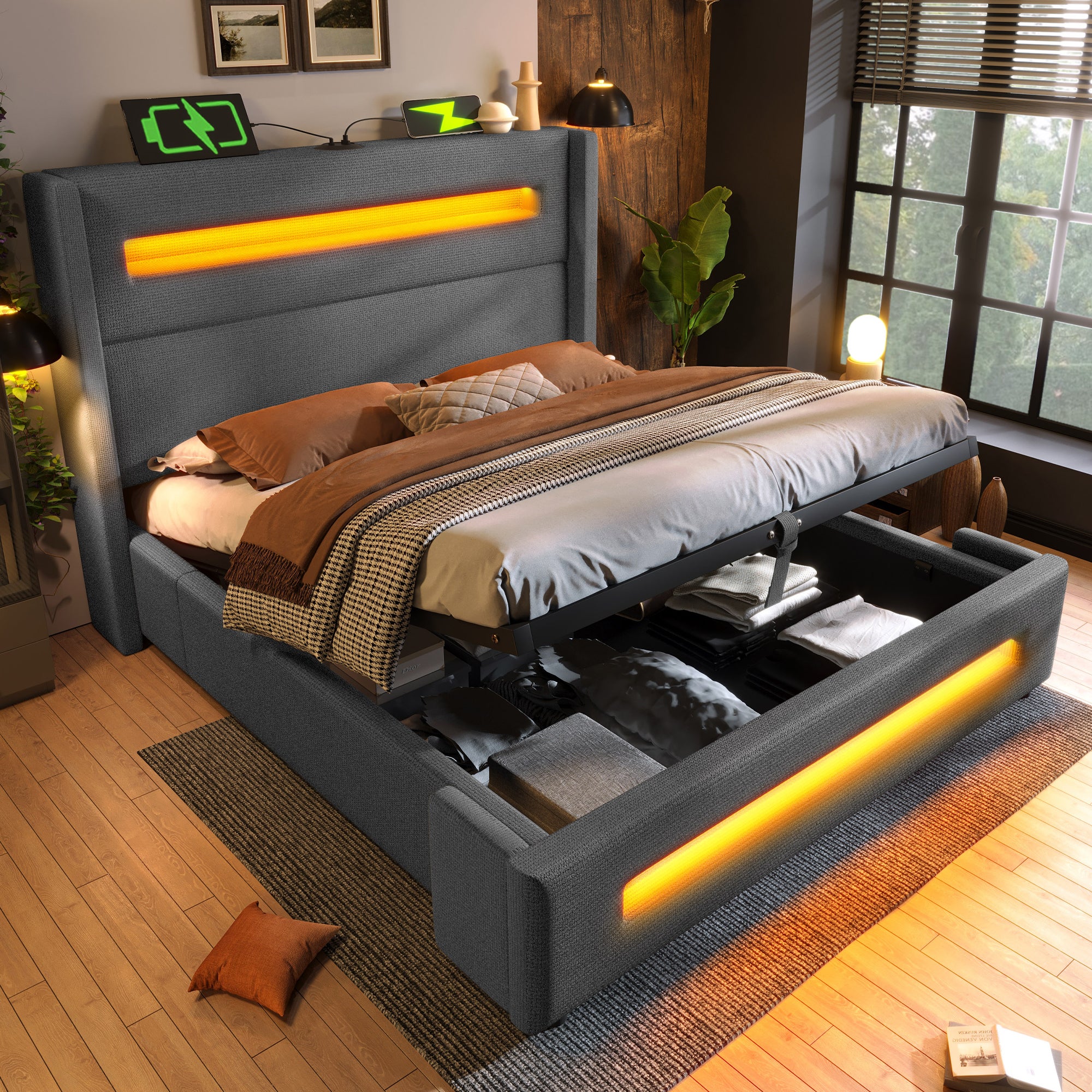 Lit Coffre 160x200CM avec Éclairage LED, Tete de lit avec Rangement Lit Coffre 160x200CM avec Éclairage LED, Tete de lit avec Rangement