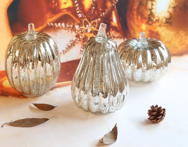 Lot de 3 citrouilles décoratives automnales, élégantes guirlandes lumineuses en verre pour Thanksgiving, centre de table à LED, argentées