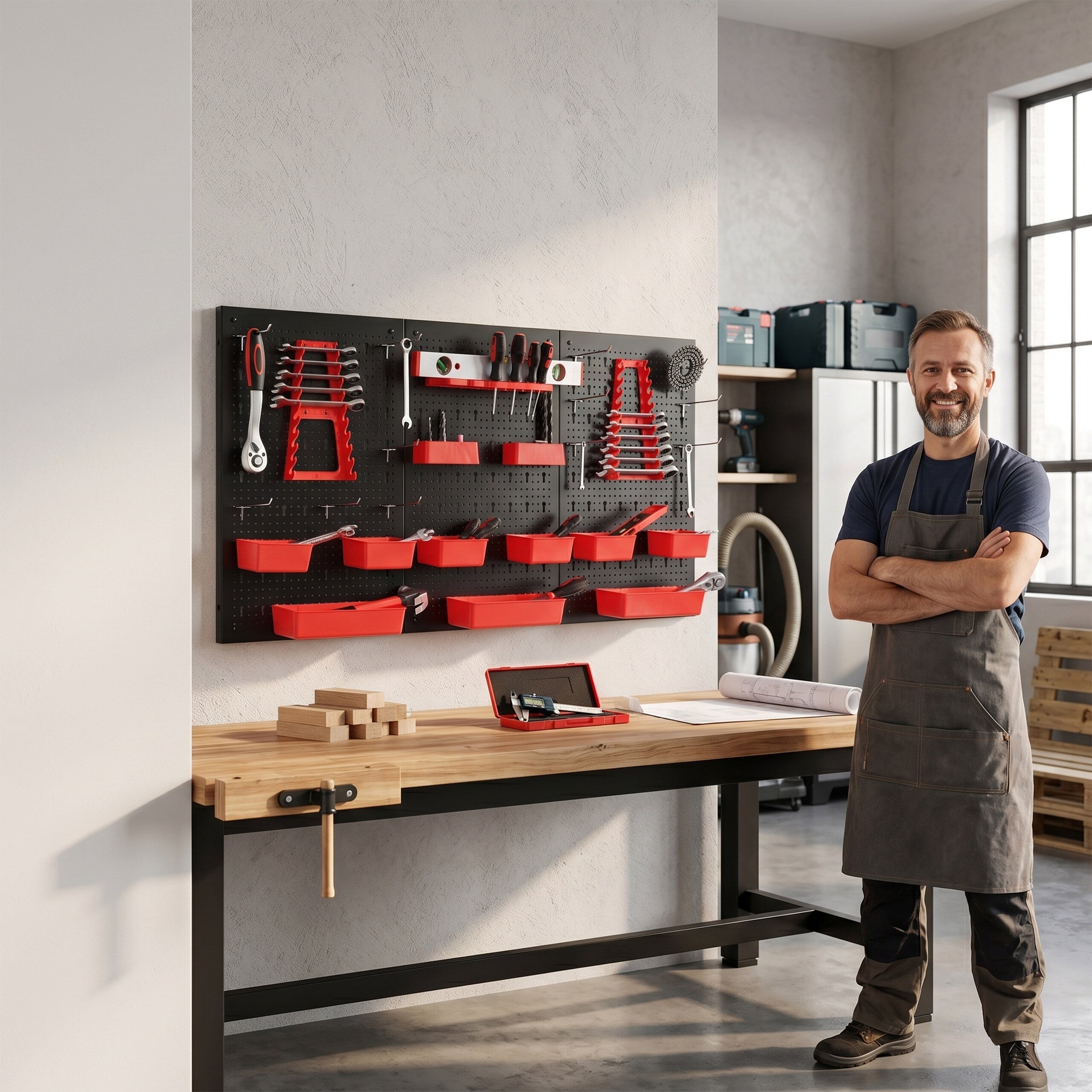 Panneau mural pour outils, 3 panneaux perforés, lot de 26 accessoires, 60×40 cm, métal, atelier, noir/rouge, Relaxdays - 7