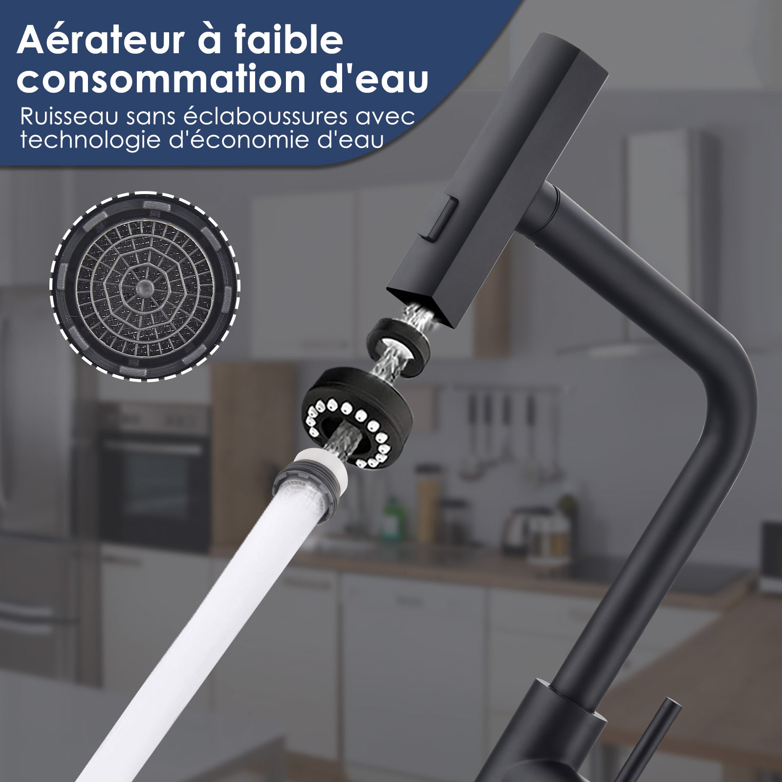 Robinet de Cuisine Noir avec Douchette Extracible Mitigeur d'Évier à 3 Modes de Pulvérisation Robinet de Cuisine Monocommande, Rotatif à 360 ° - 5