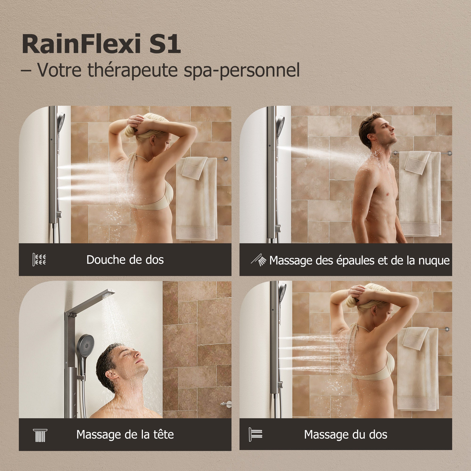 HOROW Ensemble de douche à effet pluie gris, 4 modes de massage, pliable, réglable en hauteur, robinet non inclus, se puede utilizar con la bañera - 4