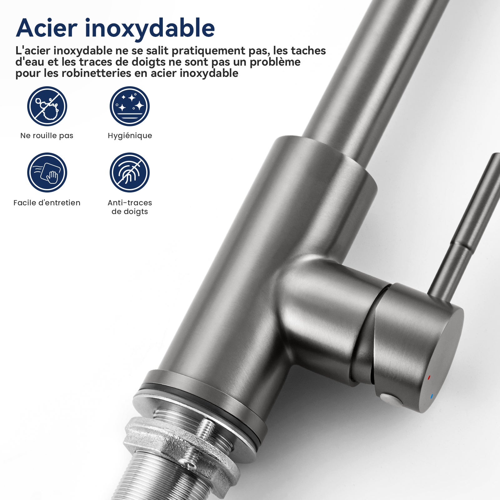 Miscelatore da cucina con doccetta estraibile,Rubinetto per lavello 2 funzioni,Miscelatore da cucina in acciaio inossidabile,Grigio scuro - 9