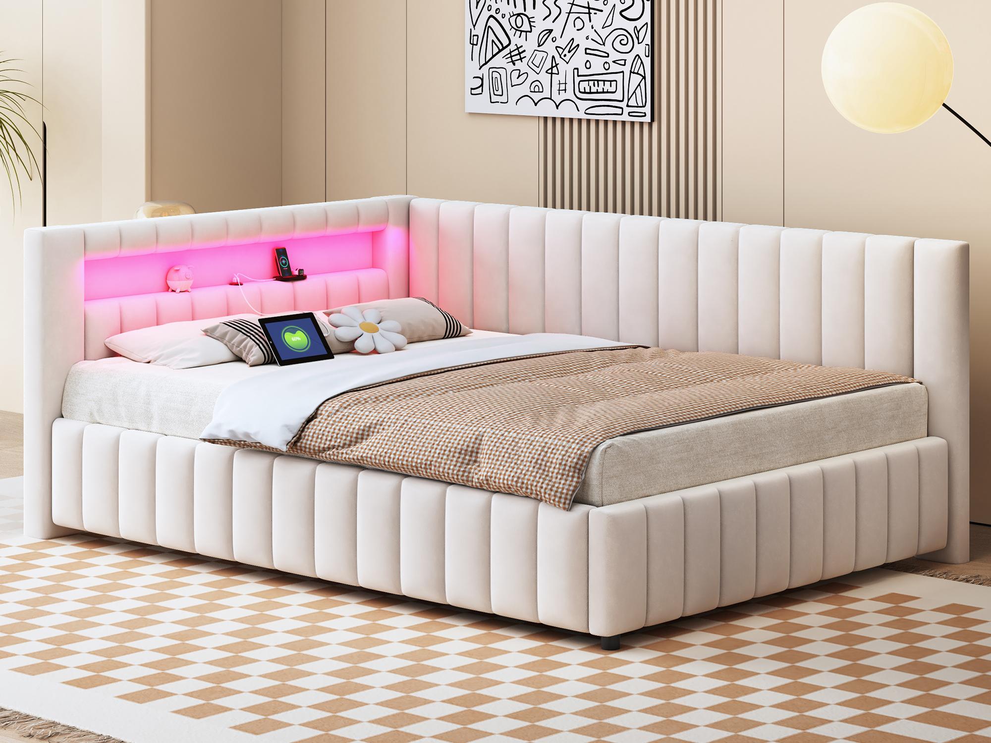 Łóżko tapicerowane aksamitem - 140x200 cm - z oświetleniem LED i wtyczką USB - beżowe (materac nie wchodzi w skład zestawu)