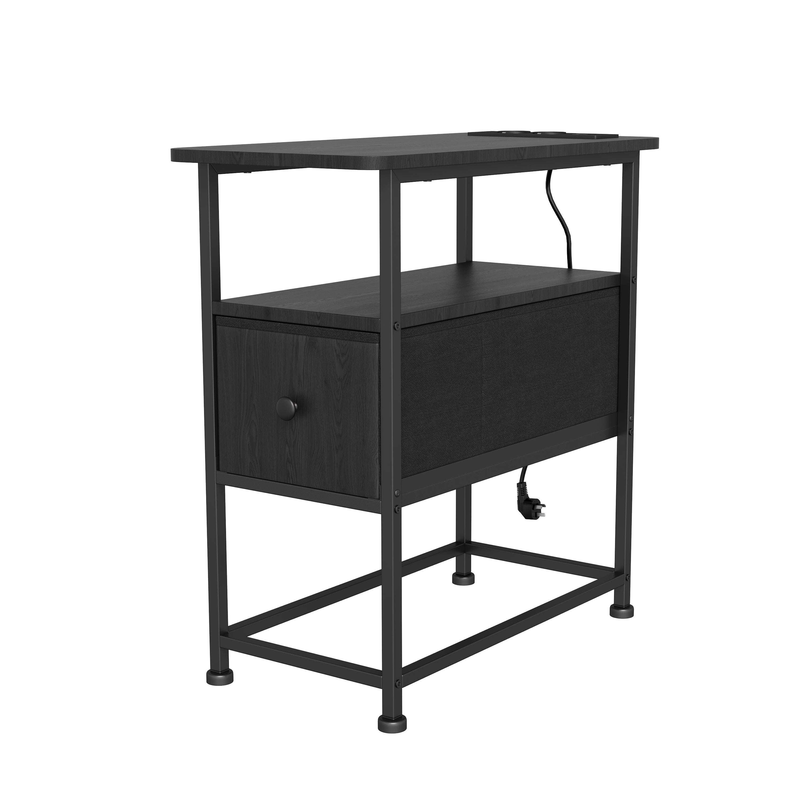 Table d'Appoint avec tiroirs - prise électrique incluse, structure en métal, pieds antidérapants, espace de rangement ouvert - 60x30x62 cm - noir - 8
