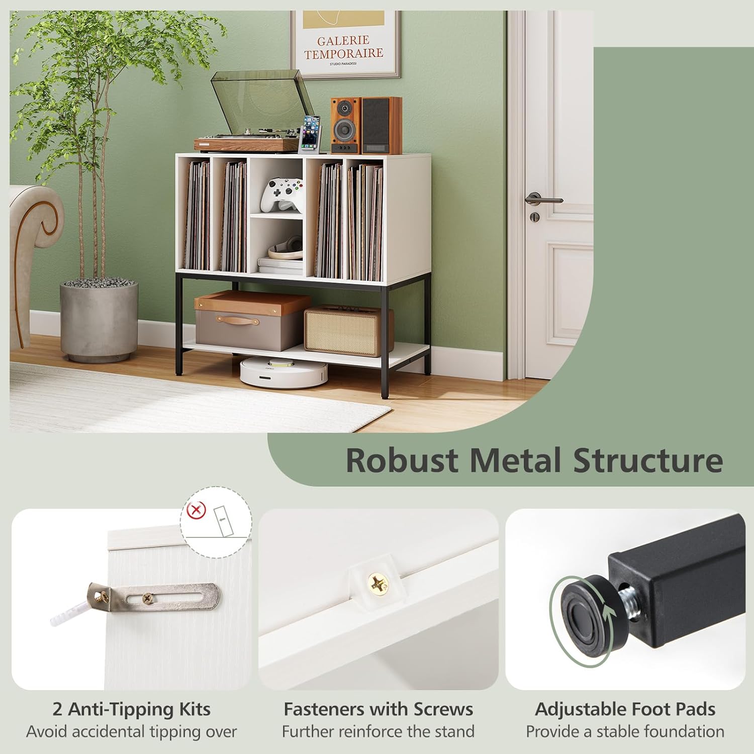 Meuble Platine Vinyle 80 x 45 x 79,5 CM, Table Tourne-Disque avec étagères & Station de Charge, Cadre en Métal, Organisateur de Rangement, Blanc - 9