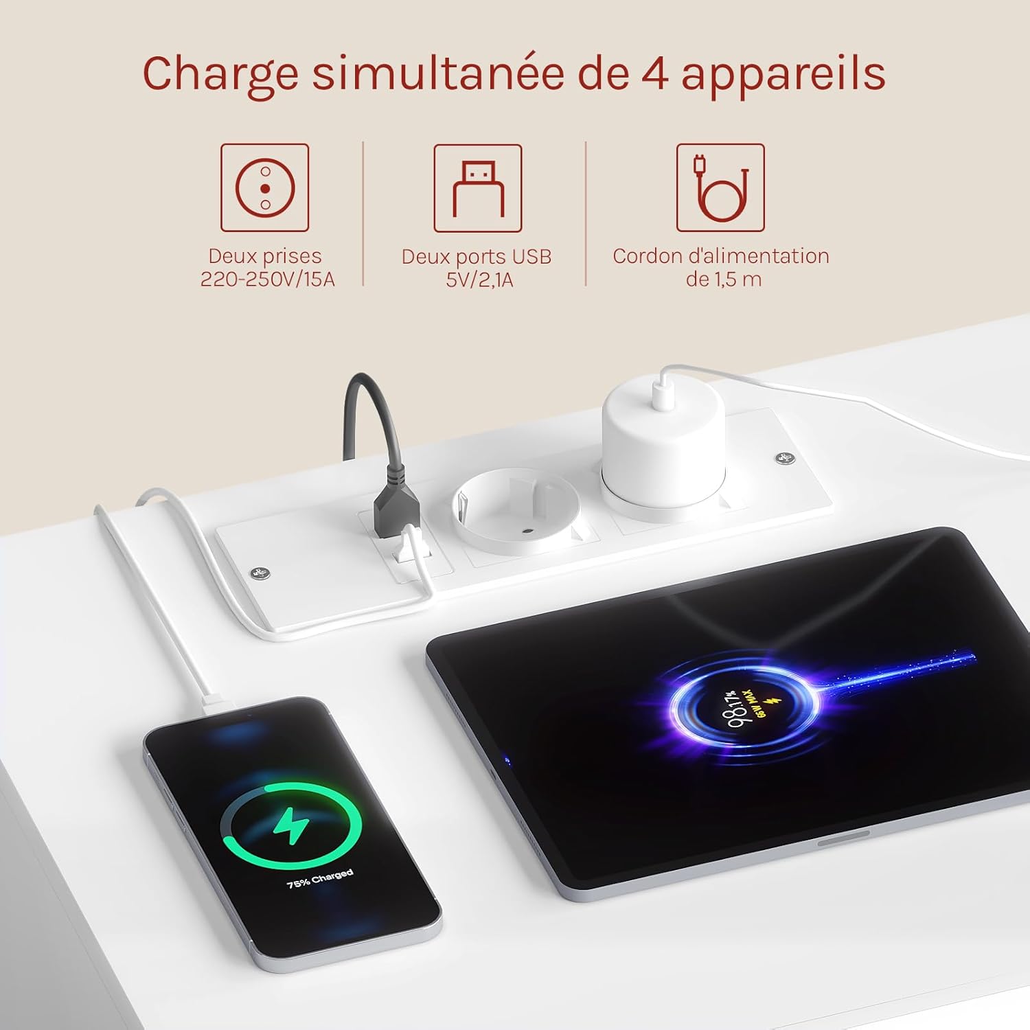 GurexlTables Table De Chevet LED Vintage Avec Chargeur USB Et Tiroir Sécurisé - Blanc