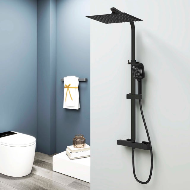 Aica Columna Ducha Negro Mate con Cuadrados Termostato 38℃, Barra Ajustable, 30x30cm Rociador Superior y Alcachofa